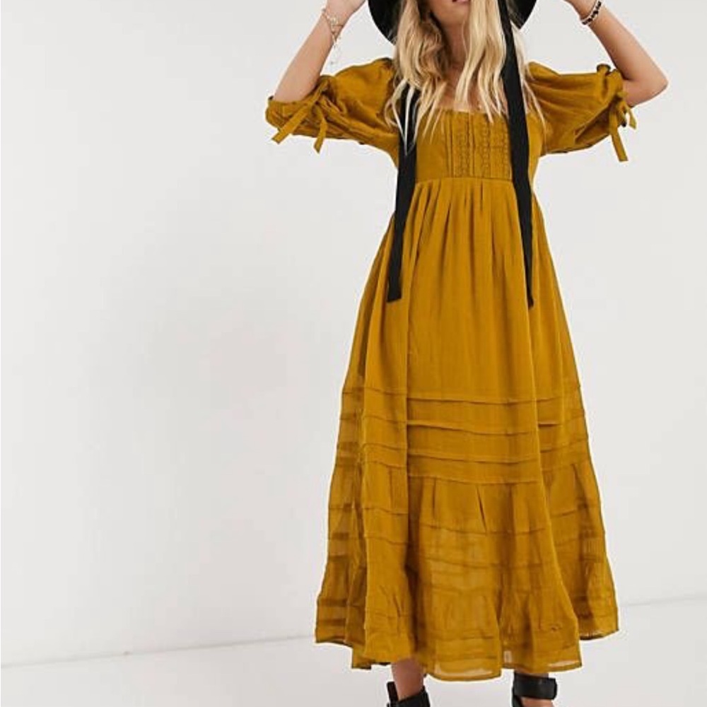Free People ochre Puff Sleeve Maxi Dress size M but will fit Small to XL